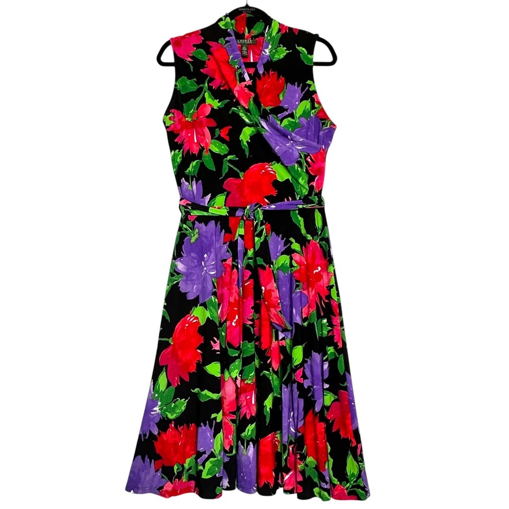 Lauren‎ Ralph Lauren Dress Floral Surplice Belted Fit and Flare Midi Black Red L